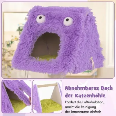 Škrábadlo Malé 111 cm Monster Theme Cat Tree se 2 kočičími jeskyněmi a odnímatelným vrchem fialovým