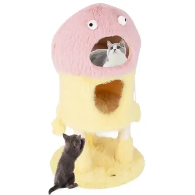 93 cm vysoký kočičí strom s motivem monster se 2 kočičími jeskyněmi růžová + žlutá