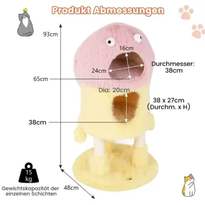 93 cm vysoký kočičí strom s motivem monster se 2 kočičími jeskyněmi růžová + žlutá