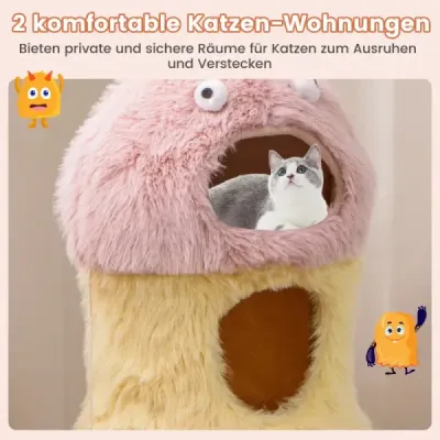 93 cm vysoký kočičí strom s motivem monster se 2 kočičími jeskyněmi růžová + žlutá
