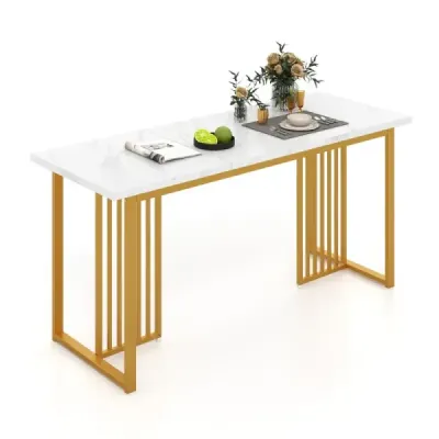 Jídelní stůl dřevěný 160 x 60 cm obdélníkový kuchyňský stůl s mramorovým vzhledem a kovovýma nohama bílá + zlatá