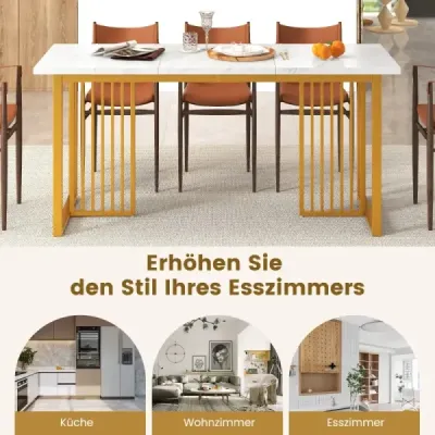 Jídelní stůl dřevěný 160 x 60 cm obdélníkový kuchyňský stůl s mramorovým vzhledem a kovovýma nohama bílá + zlatá