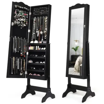 Uzamykatelná skříňka na šperky Stojanový design s nastavitelným úhlem se zrcadlem po celé délce 45 x 37 x 160 cm Bílá