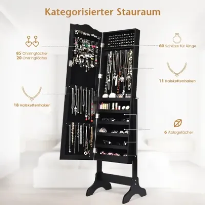 Uzamykatelná skříňka na šperky Stojanový design s nastavitelným úhlem se zrcadlem po celé délce 45 x 37 x 160 cm Bílá