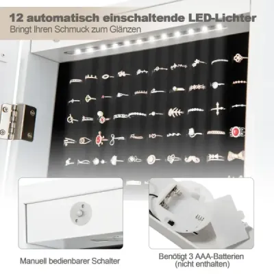 Skříňka na šperky Stojící zrcadlo 2 v 1 zrcadlo v celé délce s 12 LED diodami 36 x 33,5 x 154,5 cm černá