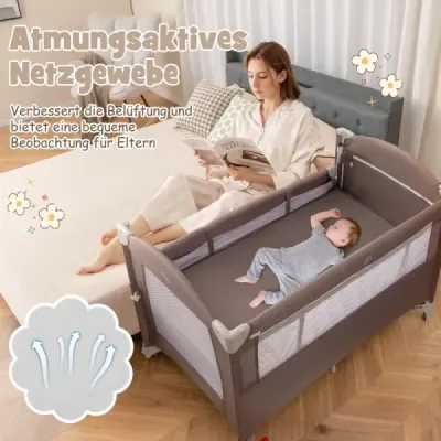 Cestovní postýlka 5v1 rozkládací bočnice s matrací 2 úrovňová dětská postel s kolečky hnědá