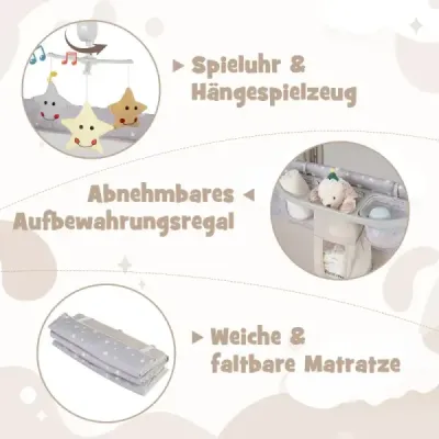 Cestovní postýlka 5v1 rozkládací bočnice s matrací 2 úrovňová dětská postel s kolečky hnědá