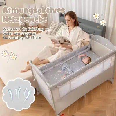 Cestovní postýlka 5v1 rozkládací bočnice s matrací 2 úrovňová dětská postel s kolečky hnědá