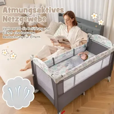 Cestovní postýlka 5v1 rozkládací bočnice s matrací 2 úrovňová dětská postel s kolečky hnědá