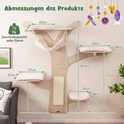 Nástěnná kočičí věž s houpací sítí, 4 platformami a sisalovou škrábací podložkou pro kočky