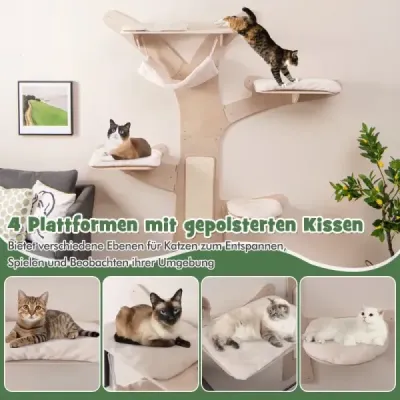 Nástěnná kočičí věž s houpací sítí, 4 platformami a sisalovou škrábací podložkou pro kočky