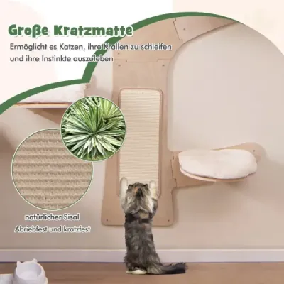 Nástěnná kočičí věž s houpací sítí, 4 platformami a sisalovou škrábací podložkou pro kočky