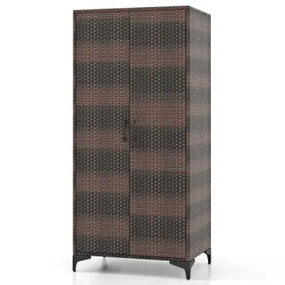 Kleiderschrank aus PE-Rattan mit 2 Türen & Kleiderstange & 4 Fächern Garderobenschrank Braun