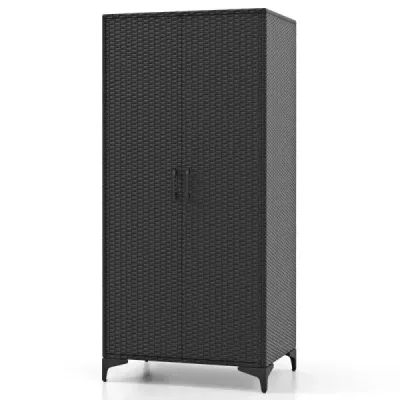 Kleiderschrank aus PE-Rattan mit 2 Türen & Kleiderstange & 4 Fächern Garderobenschrank Schwarz