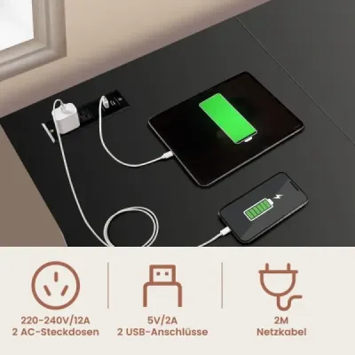 Schreibtisch L-Form Eckschreibtisch mit Steckdosen & USB-Anschlüssen 120 x 120 x 75 cm Schwarz