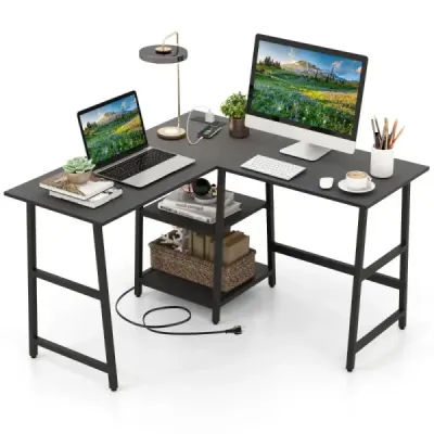Schreibtisch L-Form Eckschreibtisch mit Steckdosen & USB-Anschlüssen 120 x 120 x 75 cm Schwarz