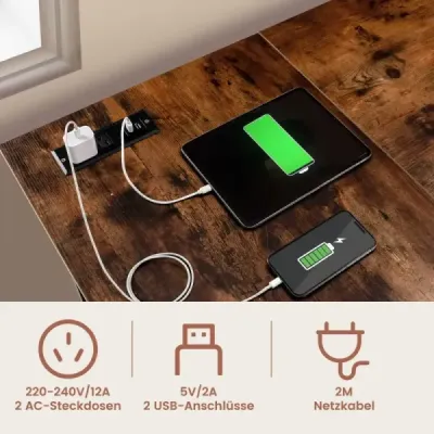 Schreibtisch L-Form Eckschreibtisch mit Steckdosen & USB-Anschlüssen 120 x 120 x 75 cm Rustikalbraun