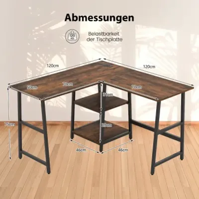 Schreibtisch L-Form Eckschreibtisch mit Steckdosen & USB-Anschlüssen 120 x 120 x 75 cm Rustikalbraun
