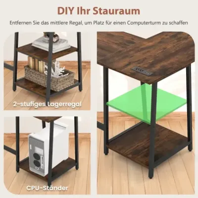 Schreibtisch L-Form Eckschreibtisch mit Steckdosen & USB-Anschlüssen 120 x 120 x 75 cm Rustikalbraun