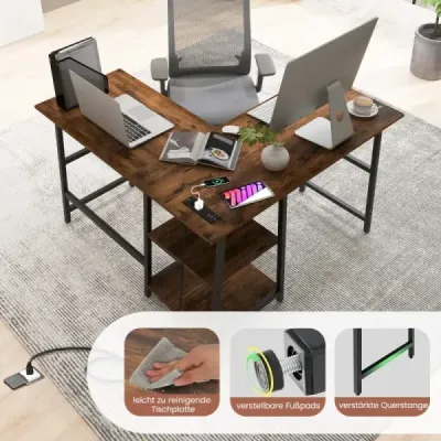 Schreibtisch L-Form Eckschreibtisch mit Steckdosen & USB-Anschlüssen 120 x 120 x 75 cm Rustikalbraun