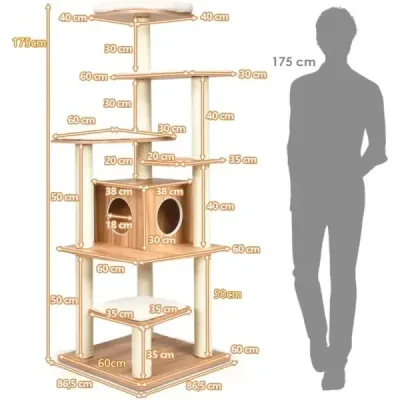 175 cm strom pro kočky 6-patrové škrábadlo pro kočky dřevěný škrábací domeček s jeskyní a 5 podložkami