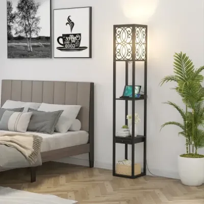 Stojací lampa s policemi a zásuvkou do obývacího pokoje ložnice 26 x 26 x 160,5 cm černá