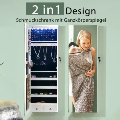 Zrcadlová skříňka na šperky Uzamykatelná na zeď/dveře 36 x 10 x 108 cm Bílá