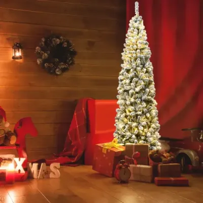 Vánoční stromek 225 cm tužkový vánoční stromek se sněhem a 350 teplými bílými LED světly