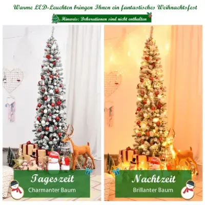 Vánoční stromek 225 cm tužkový vánoční stromek se sněhem a 350 teplými bílými LED světly