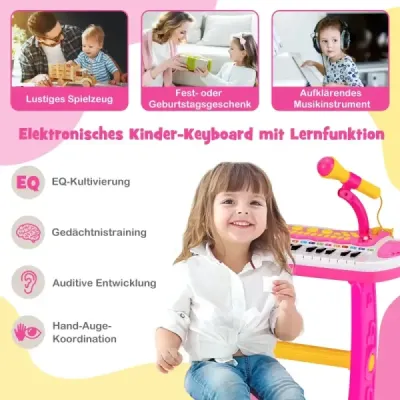 Elektronická 31-klávesová dětská klávesnice se židlí a mikrofonem pro děti od 3 let růžová