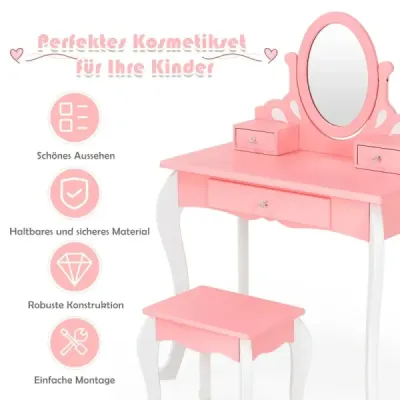 Dětský toaletní stolek se židlí Princess Toaletní stolek se 3 zásuvkami a zrcadlovou růžovou