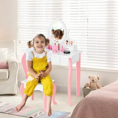 Dětský toaletní stolek s židlí Princess Toaletní stolek se 3 zásuvkami a zrcadlem bílý