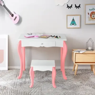 Dětský toaletní stolek s židlí Princess Toaletní stolek se 3 zásuvkami a zrcadlem bílý