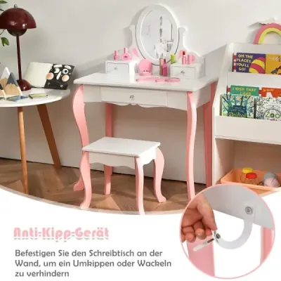 Dětský toaletní stolek s židlí Princess Toaletní stolek se 3 zásuvkami a zrcadlem bílý