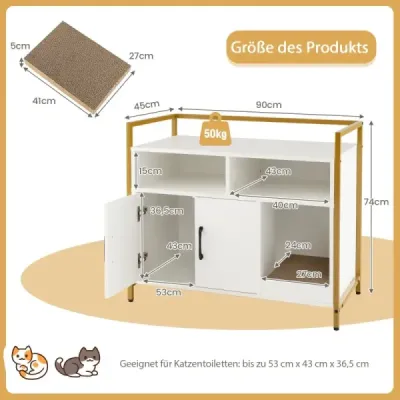 Kryt pro kočičí toaletní skříňky s dvojitými dveřmi a škrábací podložkou 89 x 45 x 74,5 cm bílá
