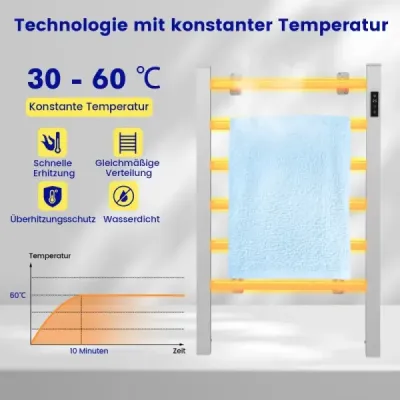 Elektrický ohřívač ručníků s 8-hodinovým časovačem a ochranou proti přehřátí a LED displejem z hliníku