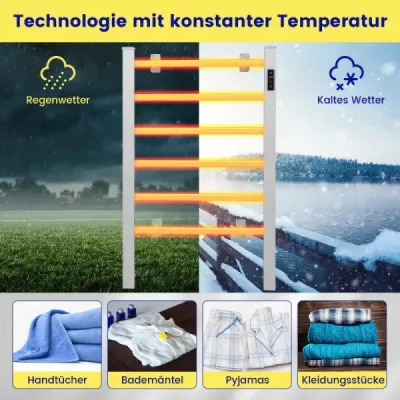 Elektrický ohřívač ručníků s 8-hodinovým časovačem a ochranou proti přehřátí a LED displejem z hliníku