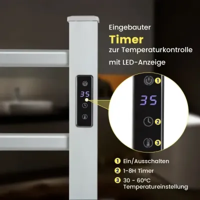 Elektrický ohřívač ručníků s 8-hodinovým časovačem a ochranou proti přehřátí a LED displejem z hliníku