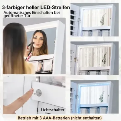 Šperkovnice se zrcadlem a 3-barevným LED osvětlením 41,5 x 37 x 157 cm bílá