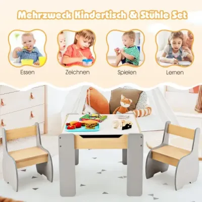 4 v 1 3 ks. Dětská sedací souprava ze dřeva s odnímatelnou deskou a úložným prostorem v šedé barvě