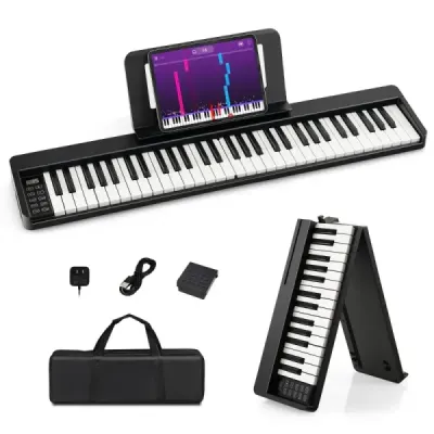 Digitální piano s 61 klávesami, Bluetooth a hudebním stojanem, pedálem a skládací taškou na klavír