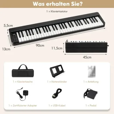 Digitální piano s 61 klávesami, Bluetooth a hudebním stojanem, pedálem a skládací taškou na klavír