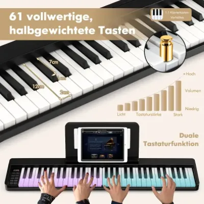 Digitální piano s 61 klávesami, Bluetooth a hudebním stojanem, pedálem a skládací taškou na klavír