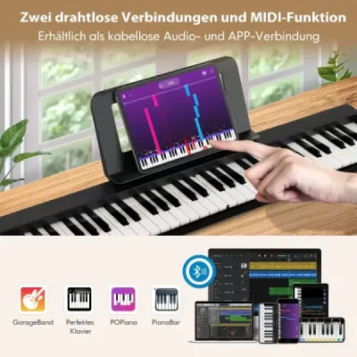 Digitální piano s 61 klávesami, Bluetooth a hudebním stojanem, pedálem a skládací taškou na klavír