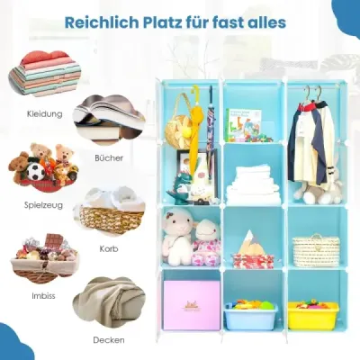 Šatník pro děti se 2 závěsnými částmi a 12 kostkami Roztomilá kreslená sestava komody modrá