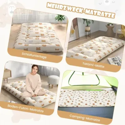 Costway 90 x 200 cm Japanische Futon Matratze mit Waschbarem Bezug & Tragetasche Tatami-Matte Braunbär
