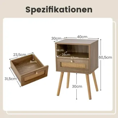 Costway noční stolek ratan sada 2 nočních stolků se zásuvkou a otevřenou přihrádkou 40 x 30 x 60,5 cm