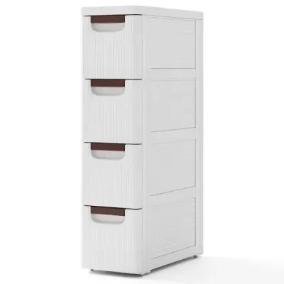 Úzká koupelnová skříňka se 4 zásuvkami a kolečky Niche Shelf Koupelnová skříňka bílá