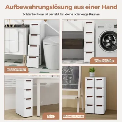 Úzká koupelnová skříňka se 4 zásuvkami a kolečky Niche Shelf Koupelnová skříňka bílá