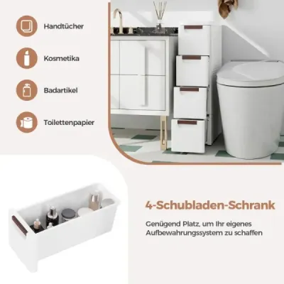 Úzká koupelnová skříňka se 4 zásuvkami a kolečky Niche Shelf Koupelnová skříňka bílá